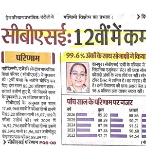 Hindi newspaper clipping reporting 12th-grade results, highlighting a 99.6% pass rate; includes a small student photo and a year-wise results table.