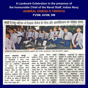 Newspaper clipping about a landmark celebration in the Indian Navy in the presence of Chief of the Naval Staff Admiral Dinesh K. Tripathi; sailors in uniform at a ceremony.