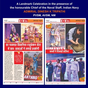 Two-page newspaper spread about a landmark celebration in the presence of Naval Chief Admiral D. N. Tripathi; includes photos of attendees and ceremonial moments.