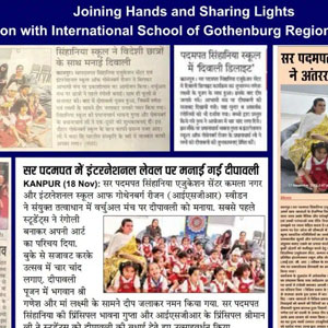 Collage of Hindi newspaper clippings with a banner reading 'Joining Hands and Sharing Lights', covering a communal event with group photos.