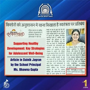 Newspaper clipping about adolescent well-being, featuring a photo of the school principal, Ms. Bhawna Gupta.
