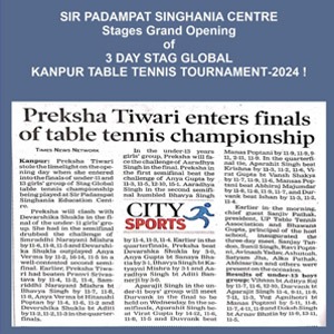 Newspaper clipping announcing Preksha Tiwari in the finals of a table tennis championship, with a Kanpur tournament banner and City Sports logo.