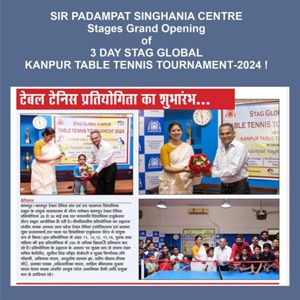 Opening ceremony collage for the 3-day Global Kanpur Table Tennis Tournament 2024: bouquet presented on stage and a group photo of officials and participants