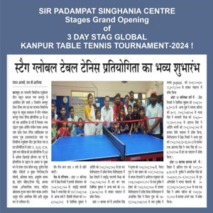 Newspaper clipping with Hindi headline about the 3?day STAG Global Kanpur Table Tennis Tournament 2024; shows officials cutting a ribbon at a blue table tennis table.