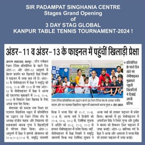 Blue banner announcing the Sir Padampat Singhania Centre grand opening and the 3?day Kanpur Table Tennis Tournament 2024; a Hindi newspaper clipping with a group photo from the event below.