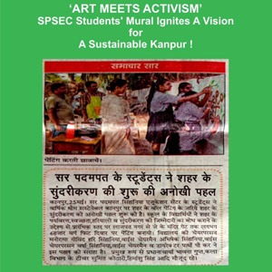 Green poster with a newspaper clipping about SPSEC students' mural and sustainable Kanpur; header reads 'ART MEETS ACTIVISM'