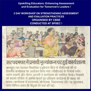 Newspaper clipping about a two-day CBSE workshop on strengthening assessment; group of women attending a session in a classroom.
