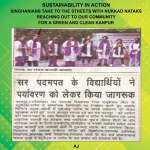 Green 'SUSTAINABILITY IN ACTION' banner with a group of students presenting, overlaid by a Hindi newspaper clipping about students' environmental initiatives.