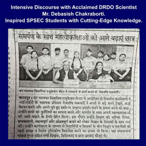 News clipping showing students posing with a DRDO scientist at an intensive discourse on cutting-edge knowledge, with Hindi article text visible beneath.
