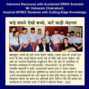 Poster advertising an intensive discourse with a DRDO scientist; group photo of students with the speaker, with Hindi text on the poster and a blue border.