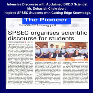 Screenshot of The Pioneer article titled 'SPSEC organises scientific discourse for students' with a group photo and date 04-05-2024.
