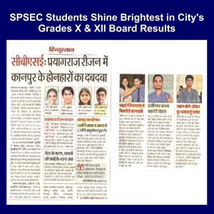 Newspaper clipping with the headline SPSEC Students Shine Brightest in City's Grades X & XII Board Results and photos of several top students next to the articles.