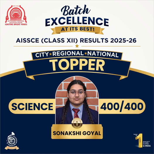 SPSEC Kanpur Creates History with Perfect 400400 in CBSE Class XII Results Poster announcing Batch Excellence topper Sonakshi Goyal for AISSE Class XII results 2025-26, Science 400/400, with her portrait.