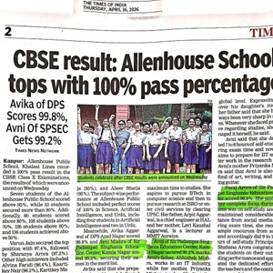Newspaper front page with the headline “CBSE result: Allenhouse School tops with 100% pass percentage” and a group photo of students in blue and white uniforms.