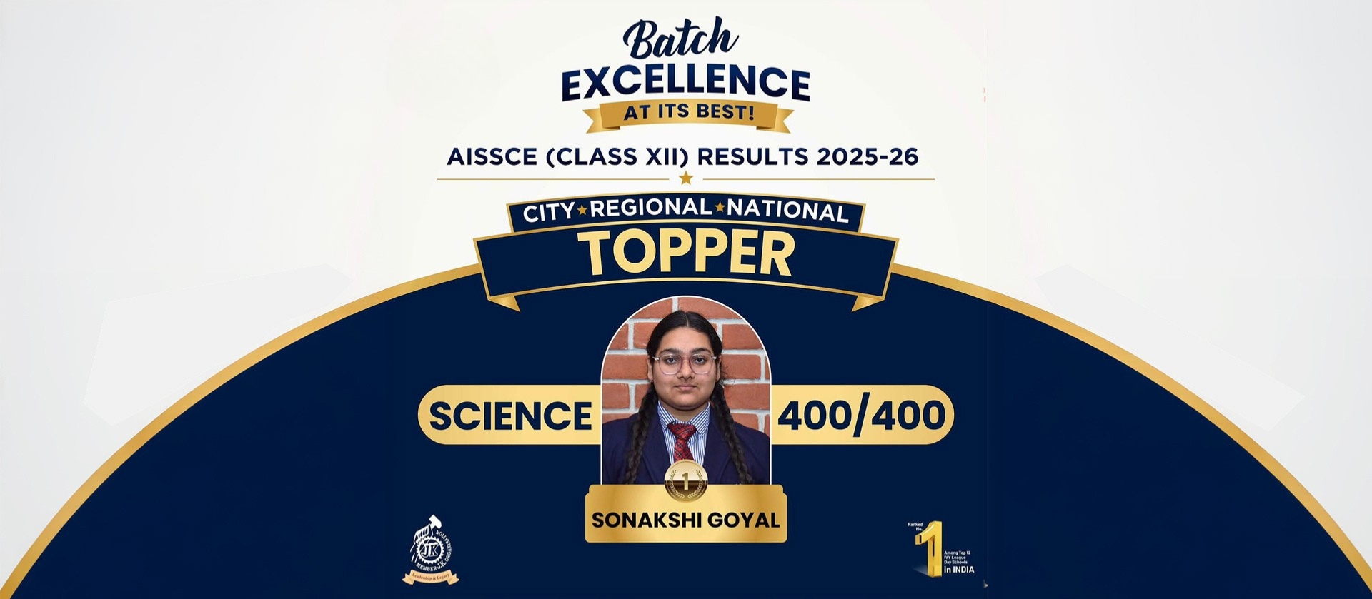Award banner announcing AISSCE (Class XII) topper Sonakshi Goyal, Science 400/400, with celebratory graphics in navy and gold.
