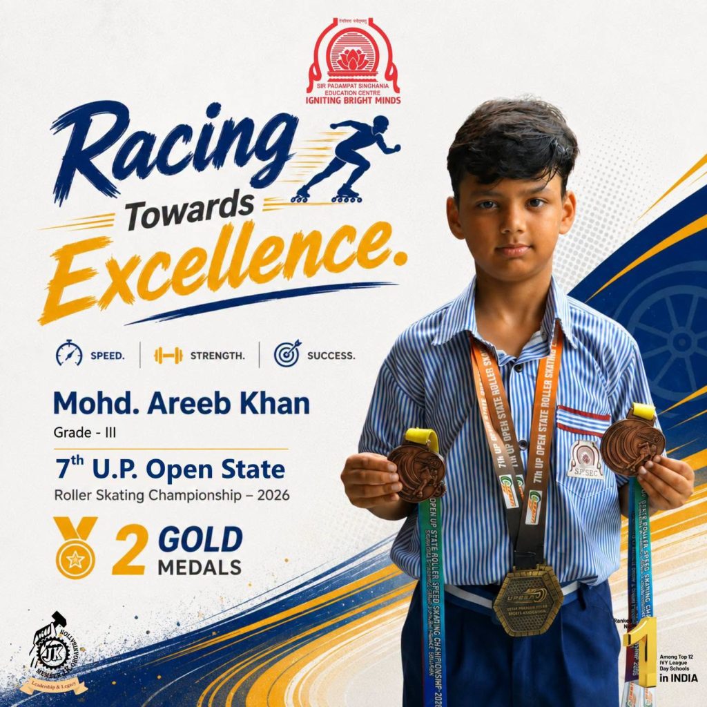 Racing Towards Excellence Mohd Areeb Khan Wins Two Gold Medals Poster announcing a roller skating champion: boy with medals on the right and text 'Racing Towards Excellence' on the left, with school insignia and event details nearby.
