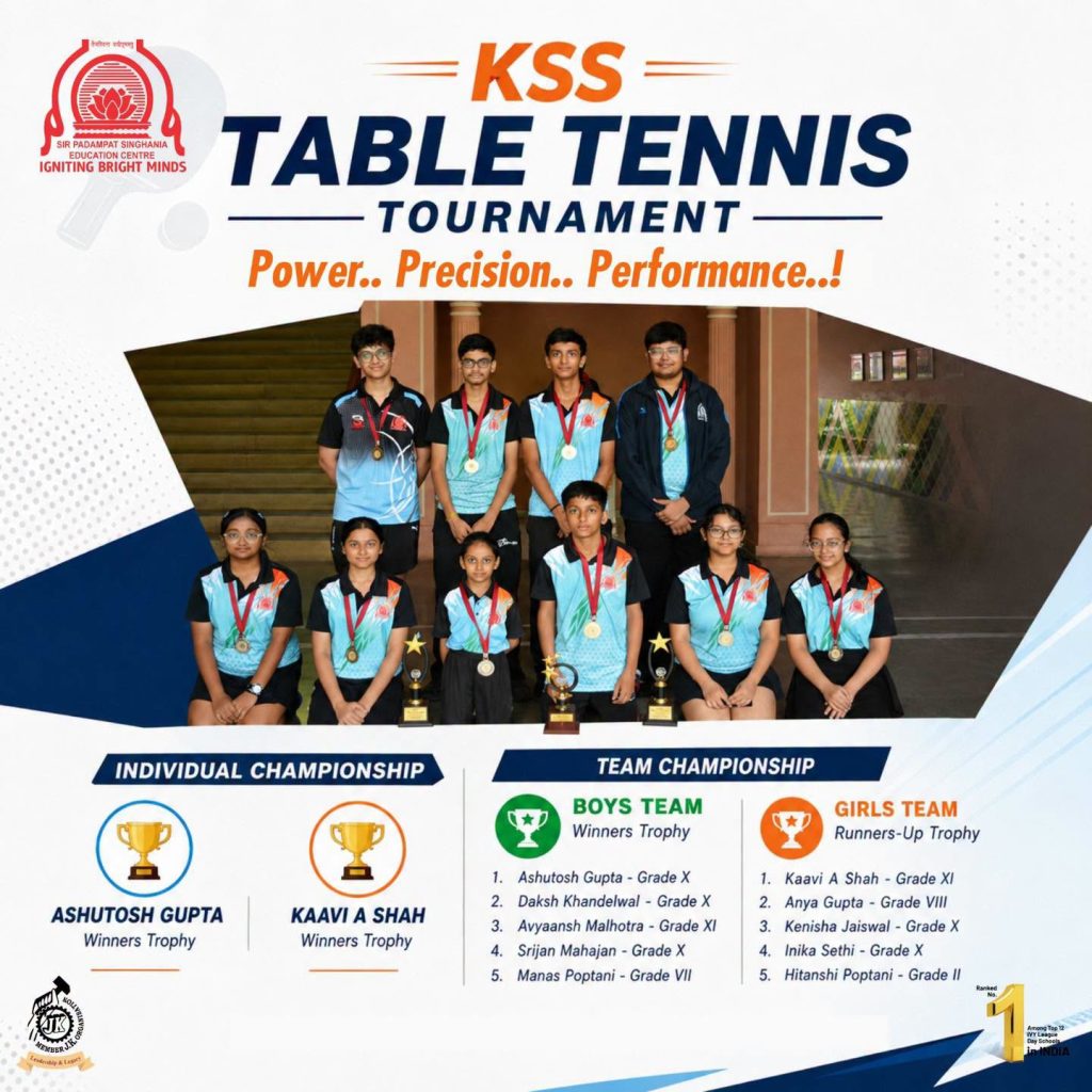 Group of students wearing medals posing for a table tennis tournament photo on a poster backdrop that reads 'KSS Table Tennis Tournament' and 'Power. Precision. Performance.'