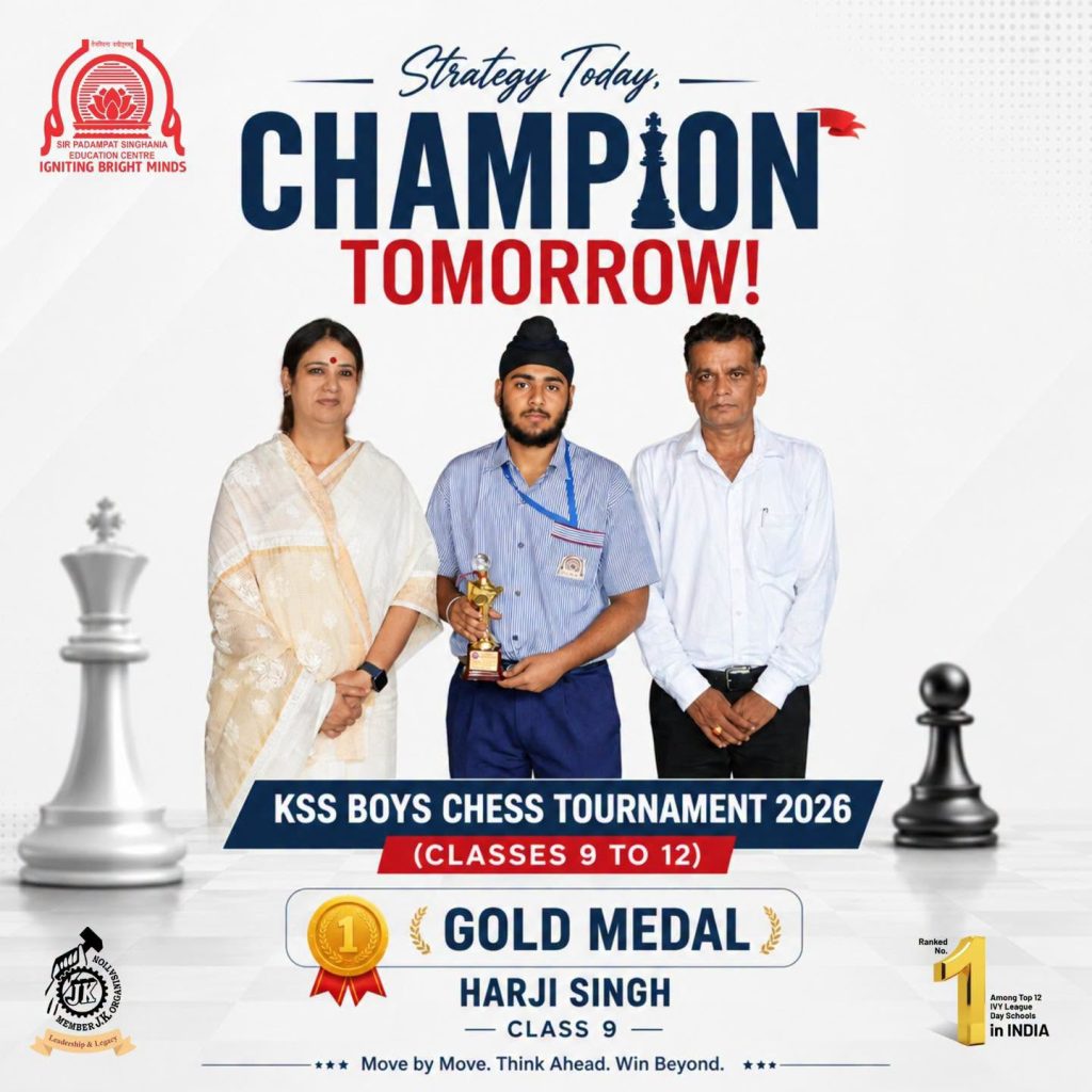 Strategy Today Champion Tomorrow Harji Singh Wins Gold Chess tournament poster showing three people center, a student holds a trophy, with the headline 'Champion Tomorrow' above and 'KSS Boys Chess Tournament 2026' below.