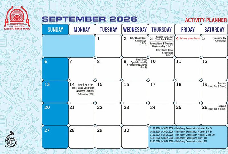 September 2026 activity planner calendar page with a weekly grid; Sundays shaded blue and small event notes on selected dates.
