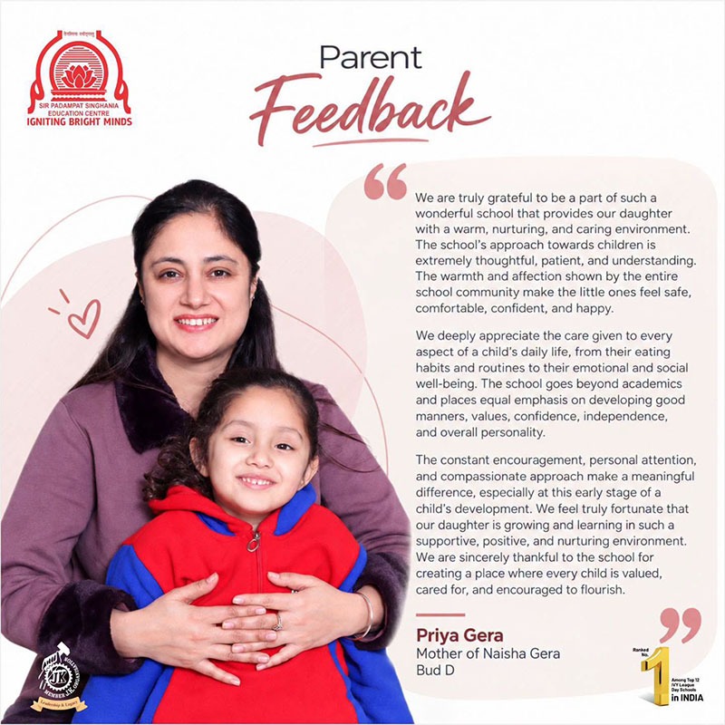 Mother and daughter smiling and hugging on a school testimonial poster labeled 'Parent Feedback' with quotes on the right and logos on the left.