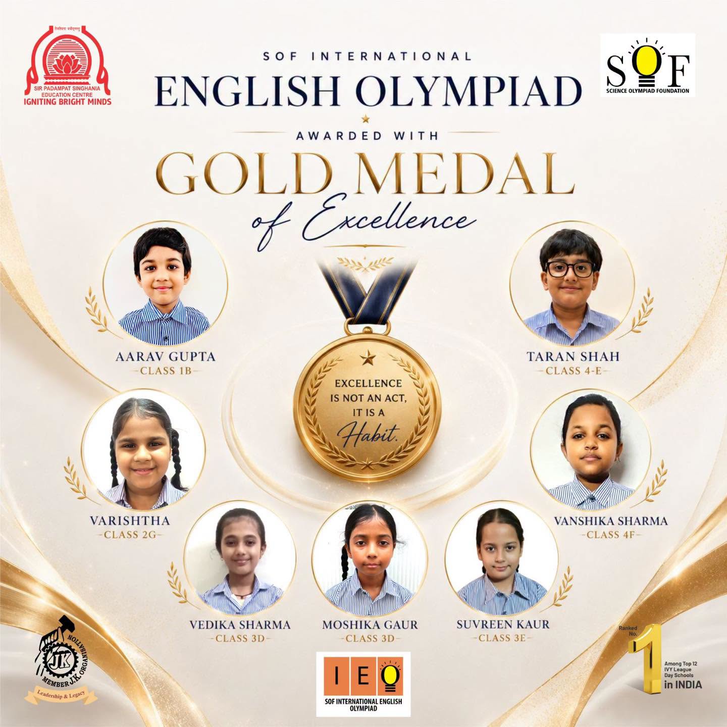 Poster for SOF International English Olympiad featuring a central gold medal and circular student portraits around it with names and classes listed in a beige-gold design.