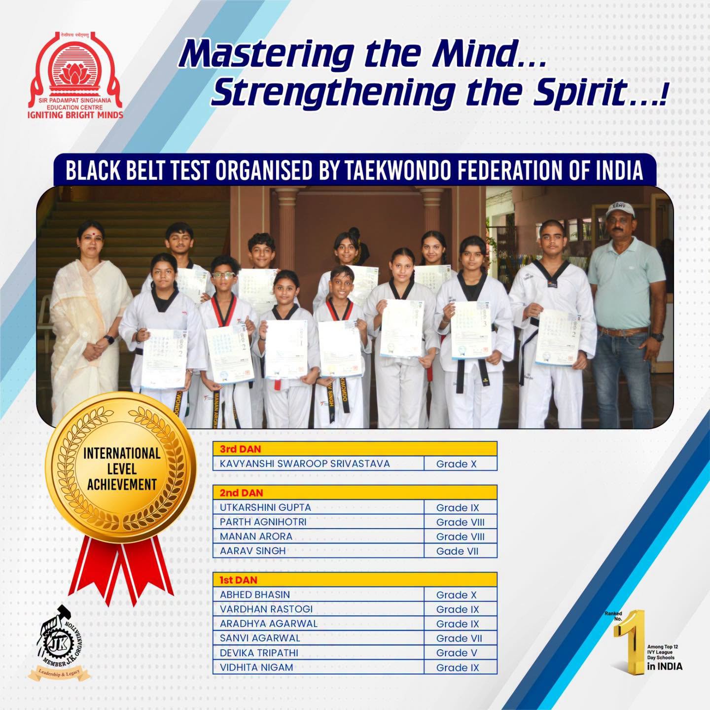 Group of taekwondo students in white uniforms pose with certificates under a banner reading 'Black Belt Test organised by Taekwondo Federation of India', with a gold medal graphic on the left side.