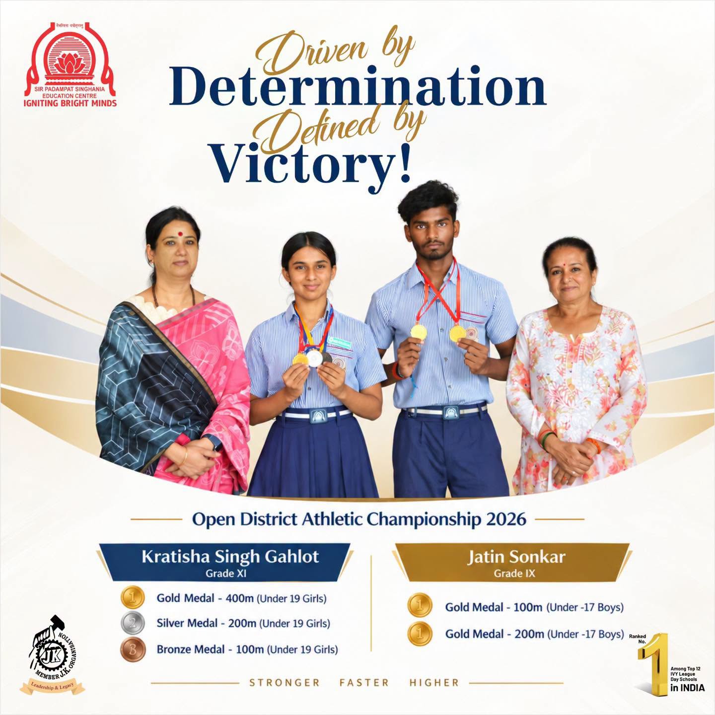 Group of four people standing together, two women in traditional attire and two students in school uniforms showing medals from the Open District Athletic Championship 2026 poster
