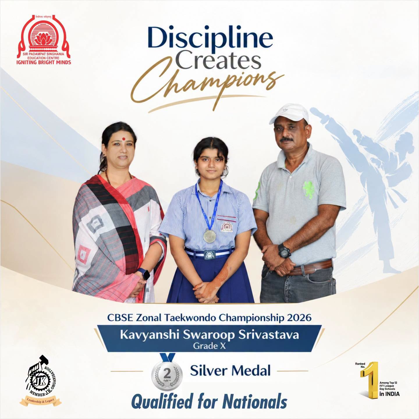 Poster for CBSE Zonal Taekwondo Championship 2026 showing a student with a silver medal flanked by a woman and a man, with the slogan 'Discipline Creates Champions' and the name 'Kavyanshi Swaroop Srivastava, Grade X'.