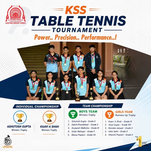 Poster for the KSS Table Tennis Tournament showing a group of medal-winning players with trophies and sections for Individual and Team Championships.