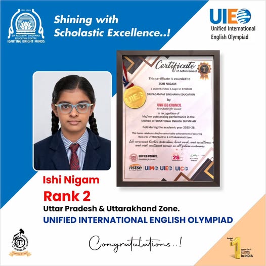 Award poster for Ishi Nigam achieving Rank 2 in the Unified International English Olympiad, Uttar Pradesh & Uttarakhand Zone, featuring a photo of the student and a framed certificate.